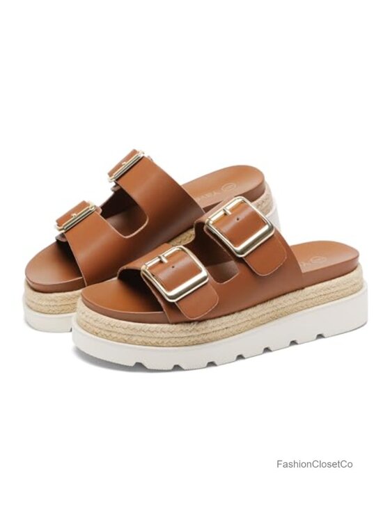 Shoes - Womens Platform Sandals Espadrilles Slide Sandals with Double Buckles Open Toe